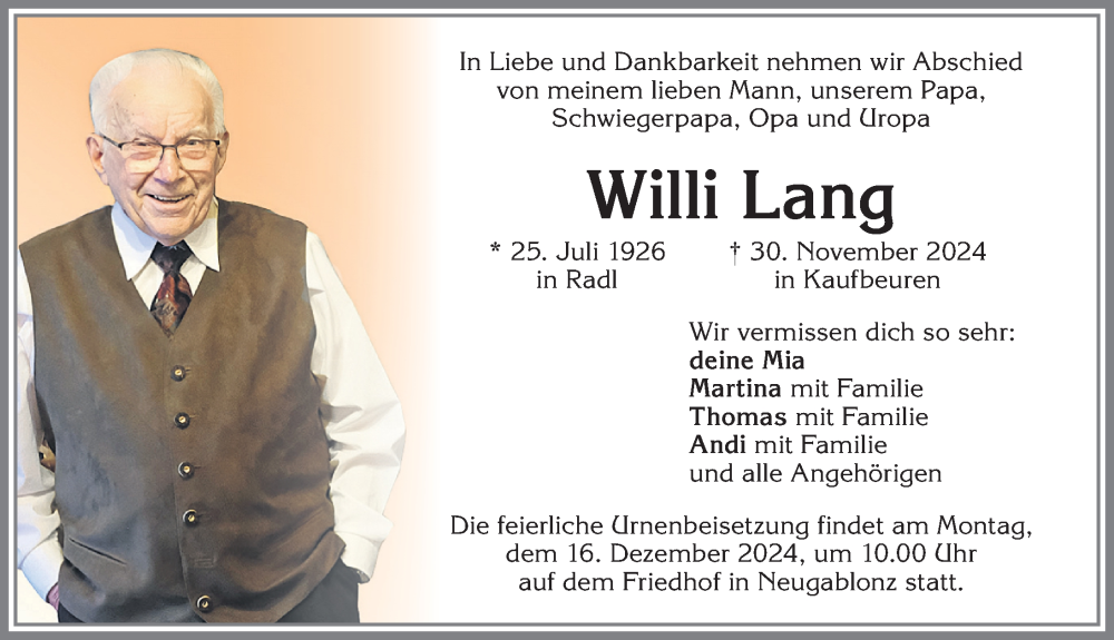 Traueranzeige von Willi Lang von Allgäuer Zeitung, Kaufbeuren/Buchloe