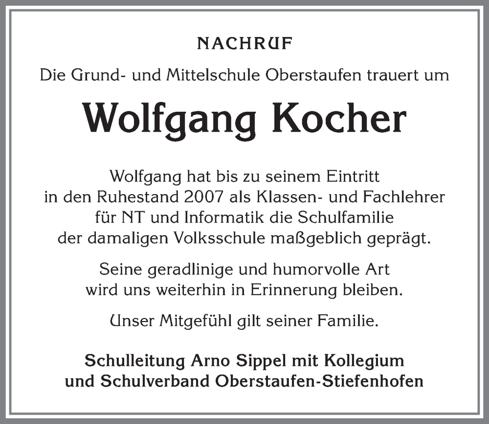 Traueranzeige von Wolfgang Kocher von Allgäuer Anzeigeblatt