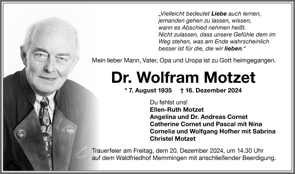 Traueranzeige von Wolfram Motzet von Memminger Zeitung