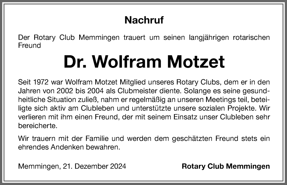 Traueranzeige von Wolfram Motzet von Memminger Zeitung