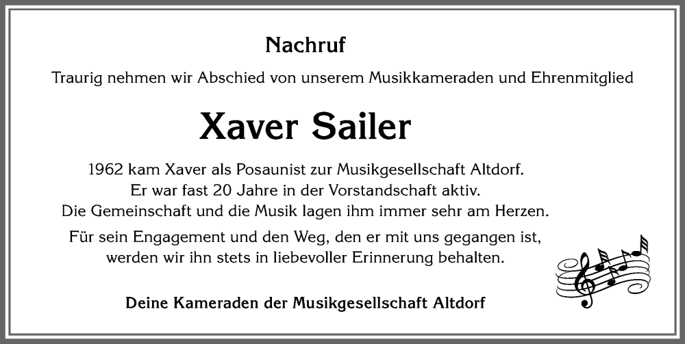 Traueranzeige von Xaver Sailer von Allgäuer Zeitung, Marktoberdorf