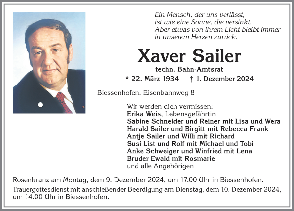 Traueranzeige von Xaver Sailer von Allgäuer Zeitung, Kaufbeuren/Buchloe