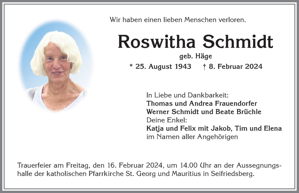 Traueranzeige von Roswitha Schmidt von Allgäuer Anzeigeblatt