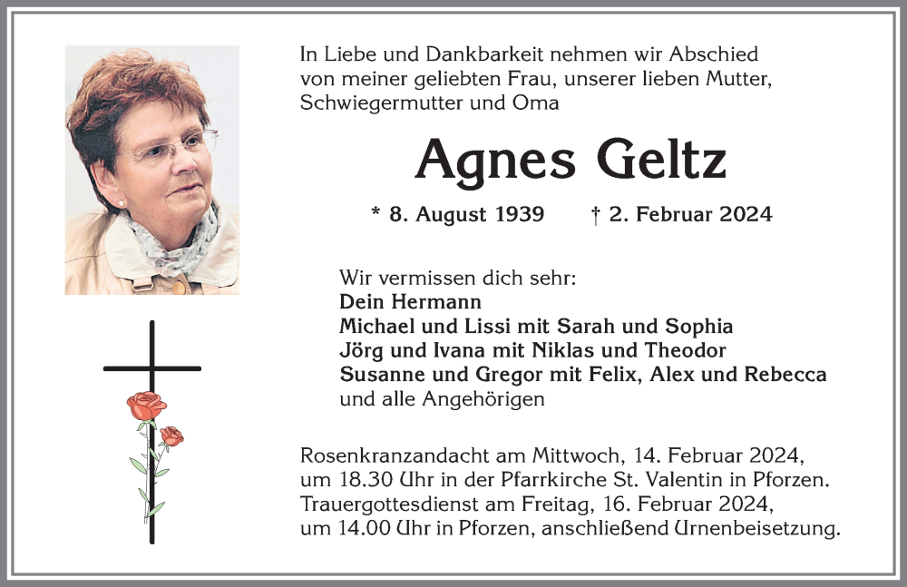 Traueranzeige von Agnes Geltz von Allgäuer Zeitung, Kaufbeuren/Buchloe