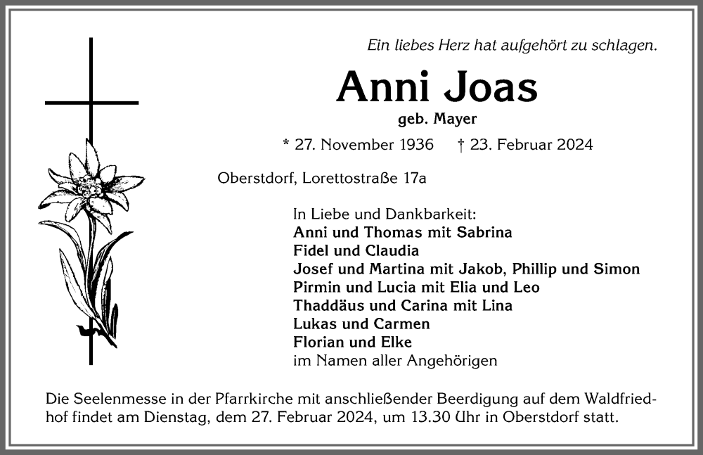 Traueranzeige von Anni Joas von Allgäuer Anzeigeblatt