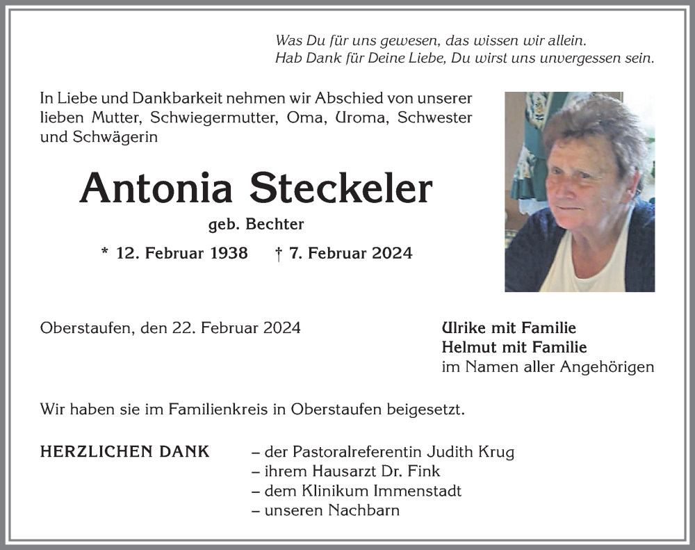 Traueranzeige von Antonia Steckeler von Allgäuer Anzeigeblatt