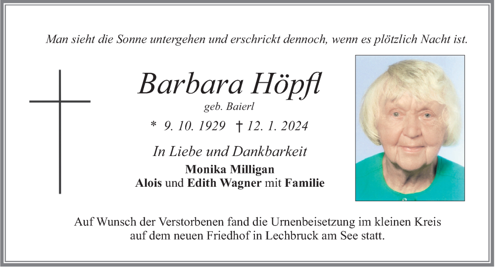 Traueranzeige von Barbara Höpfl von Allgäuer Zeitung, Füssen