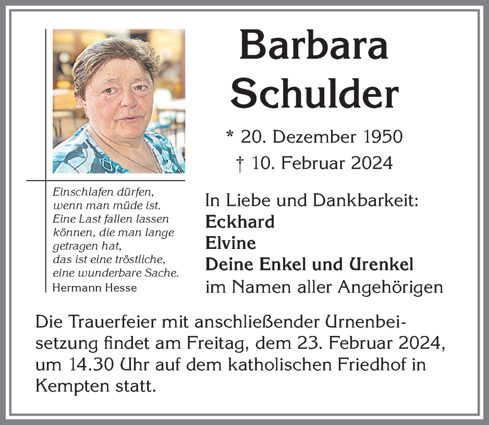 Traueranzeige von Barbara Schulder von Allgäuer Zeitung,Kempten