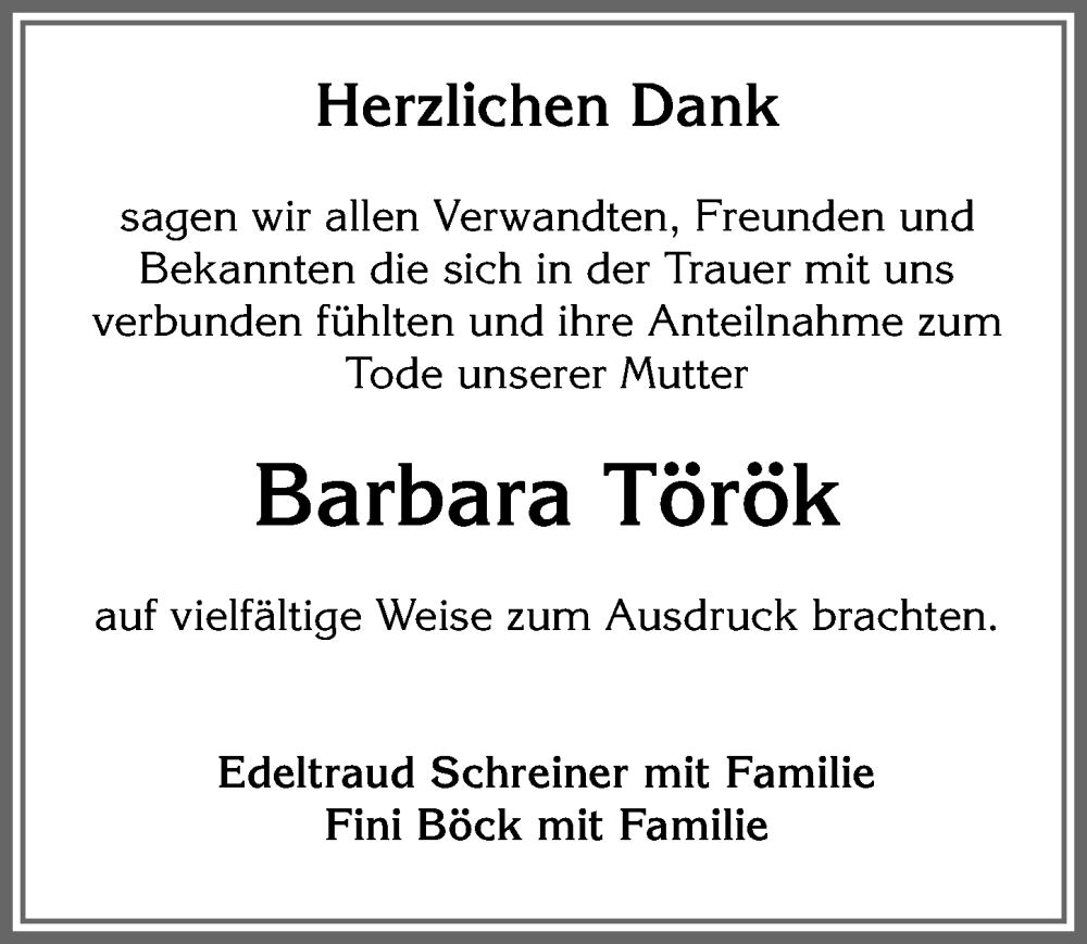 Traueranzeige von Barbara Török von Allgäuer Zeitung,Kempten