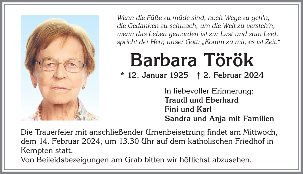 Traueranzeige von Barbara Török von Allgäuer Zeitung,Kempten