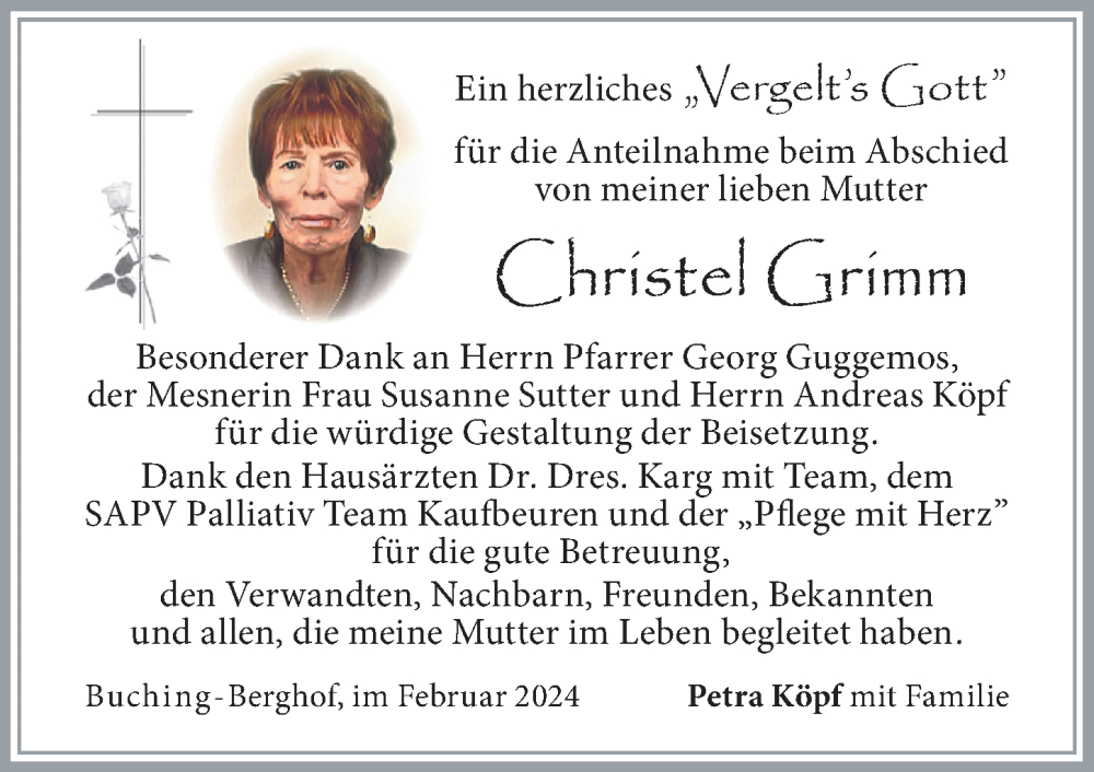 Traueranzeige von Christel Grimm von Allgäuer Zeitung, Füssen