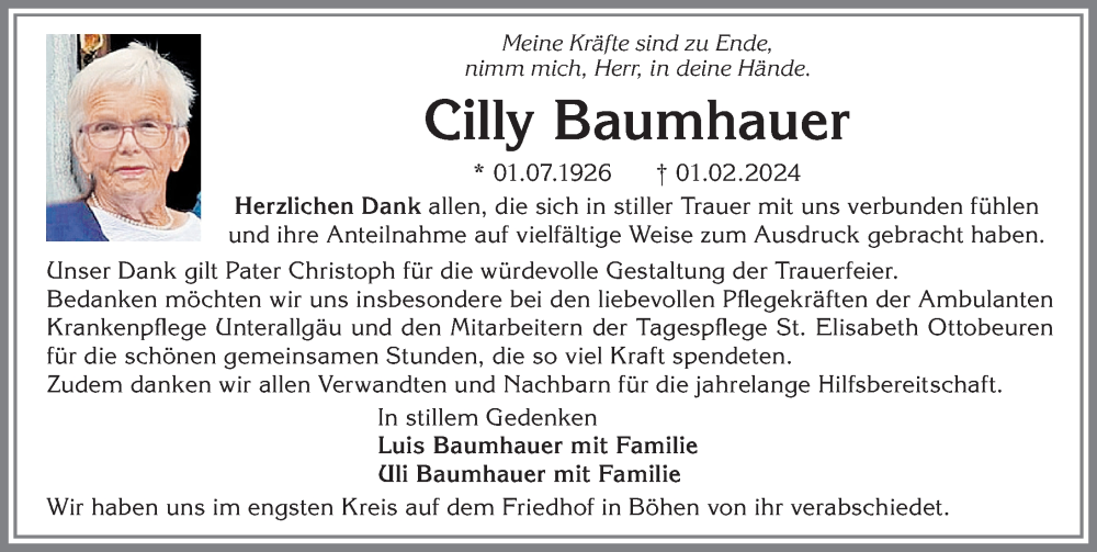 Traueranzeige von Cilly Baumhauer von Memminger Zeitung