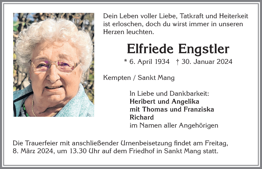 Traueranzeige von Elfriede Engstler von Allgäuer Zeitung,Kempten