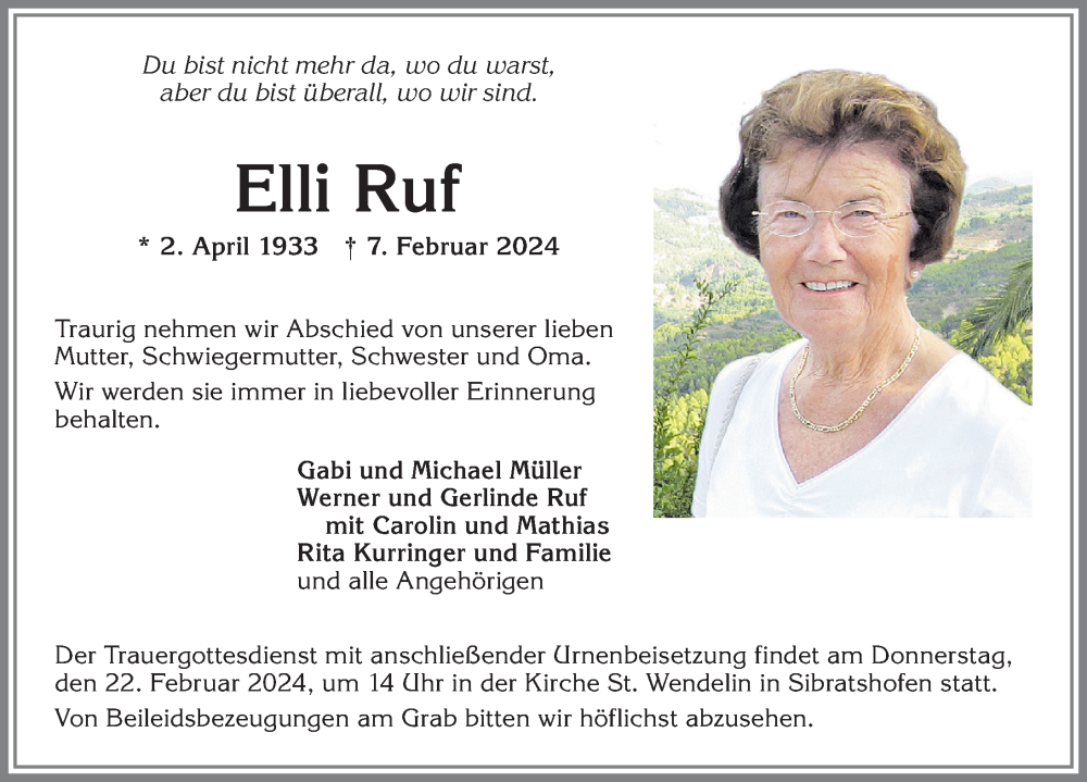 Traueranzeige von Elli Ruf von Allgäuer Zeitung,Kempten