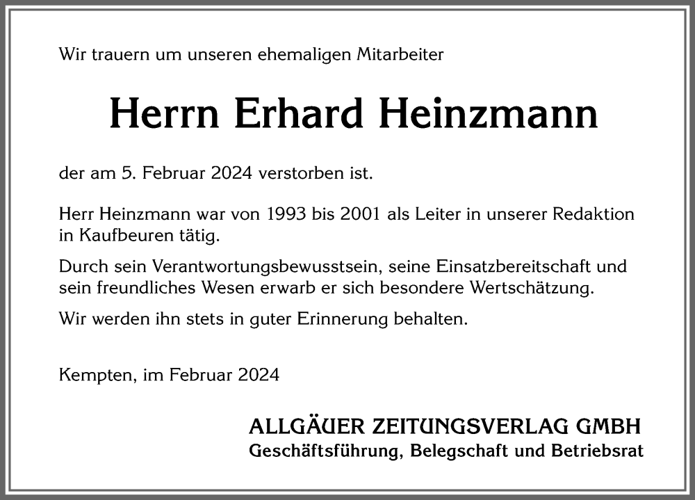 Traueranzeige von Erhard Heinzmann von Allgäuer Zeitung, Kaufbeuren/Buchloe