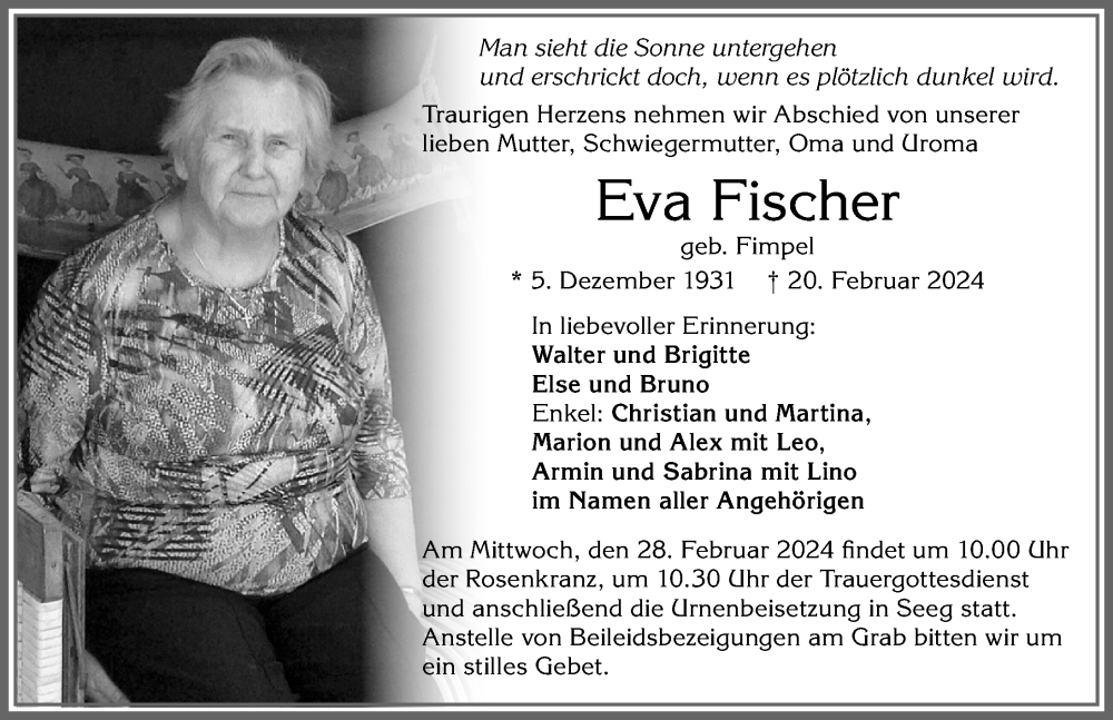 Traueranzeige von Eva Fischer von Allgäuer Zeitung, Füssen