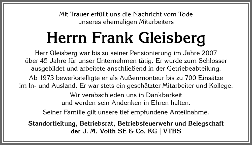 Traueranzeige von Frank Gleisberg von Allgäuer Anzeigeblatt