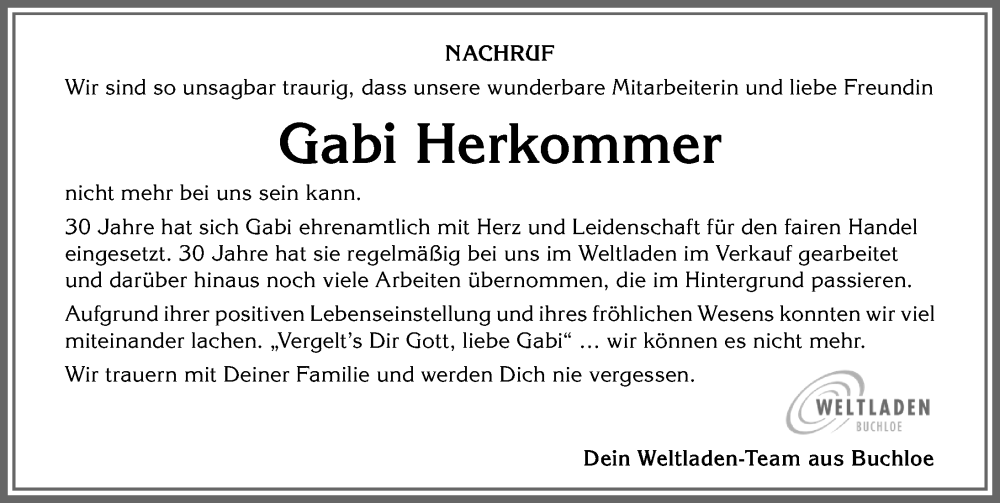 Traueranzeige von Gabi Herkommer von Allgäuer Zeitung, Kaufbeuren/Buchloe