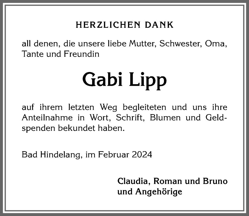 Traueranzeige von Gabi Lipp von Allgäuer Anzeigeblatt