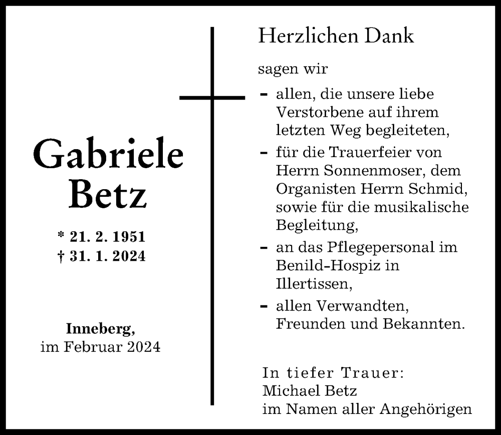 Traueranzeige für Gabriele Betz vom 21.02.2024 aus Memminger Zeitung