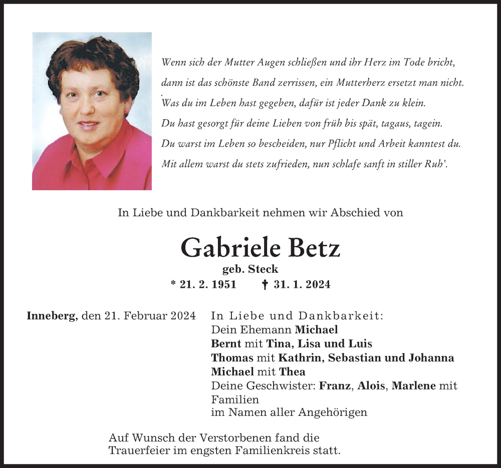  Traueranzeige für Gabriele Betz vom 21.02.2024 aus Memminger Zeitung