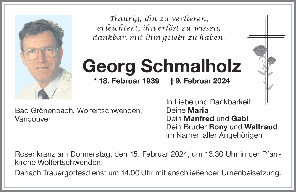 Traueranzeige von Georg Schmalholz von Memminger Zeitung