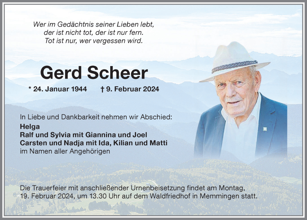 Traueranzeige von Gerd Scheer von Memminger Zeitung