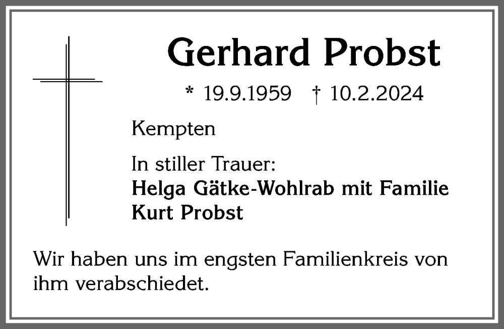 Traueranzeige von Gerhard Probst von Allgäuer Zeitung,Kempten