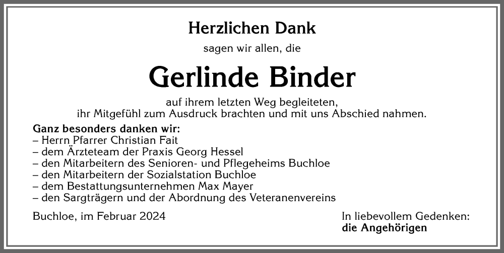 Traueranzeige von Gerlinde Binder von Allgäuer Zeitung, Kaufbeuren/Buchloe