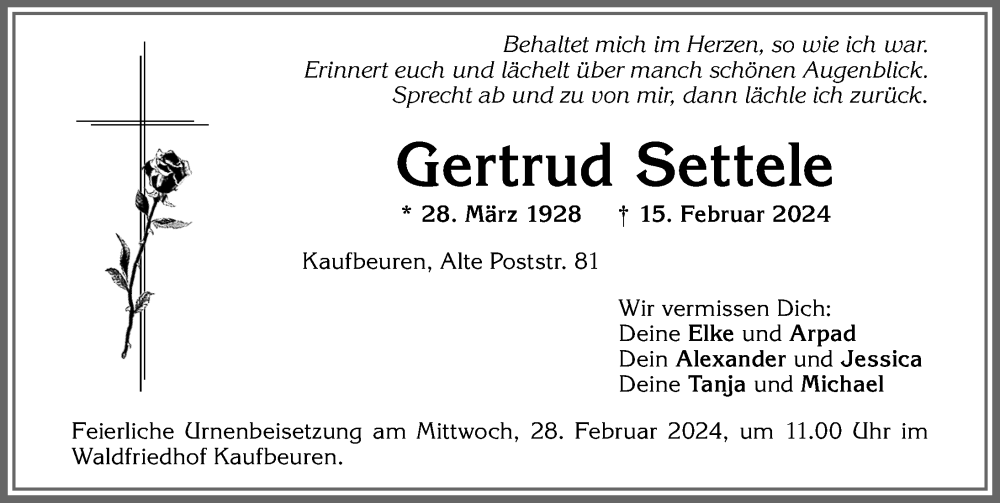 Traueranzeige von Gertrud Settele von Allgäuer Zeitung, Kaufbeuren/Buchloe