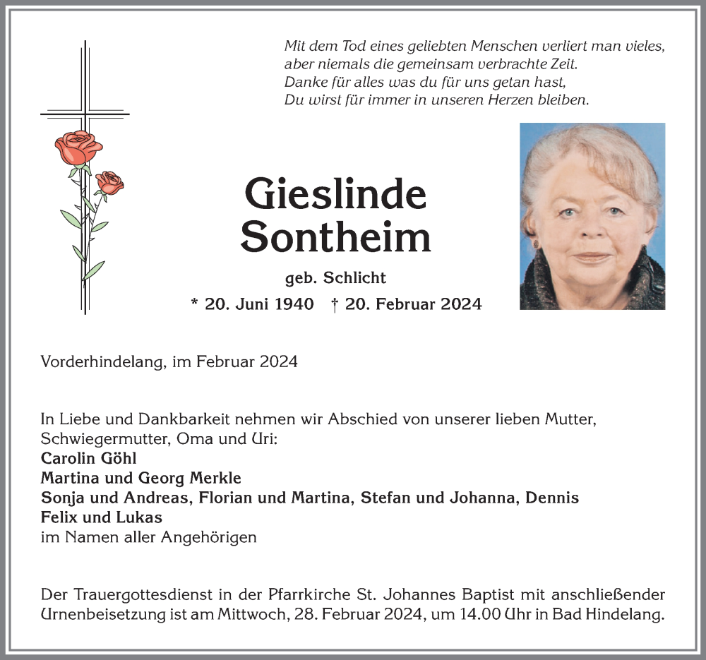 Traueranzeige von Gieslinde Sontheim von Allgäuer Anzeigeblatt