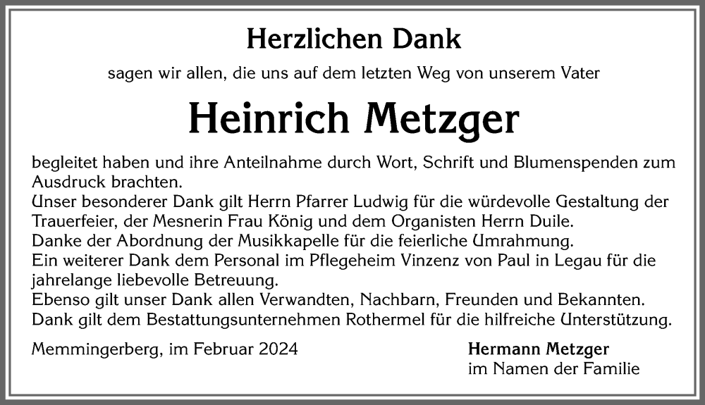 Traueranzeige von Heinrich Metzger von Memminger Zeitung