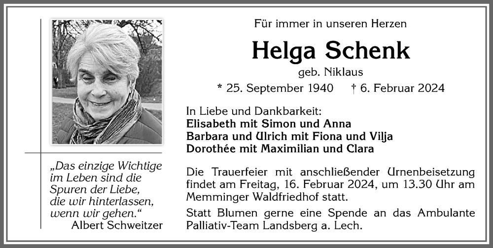 Traueranzeige von Helga Schenk von Memminger Zeitung