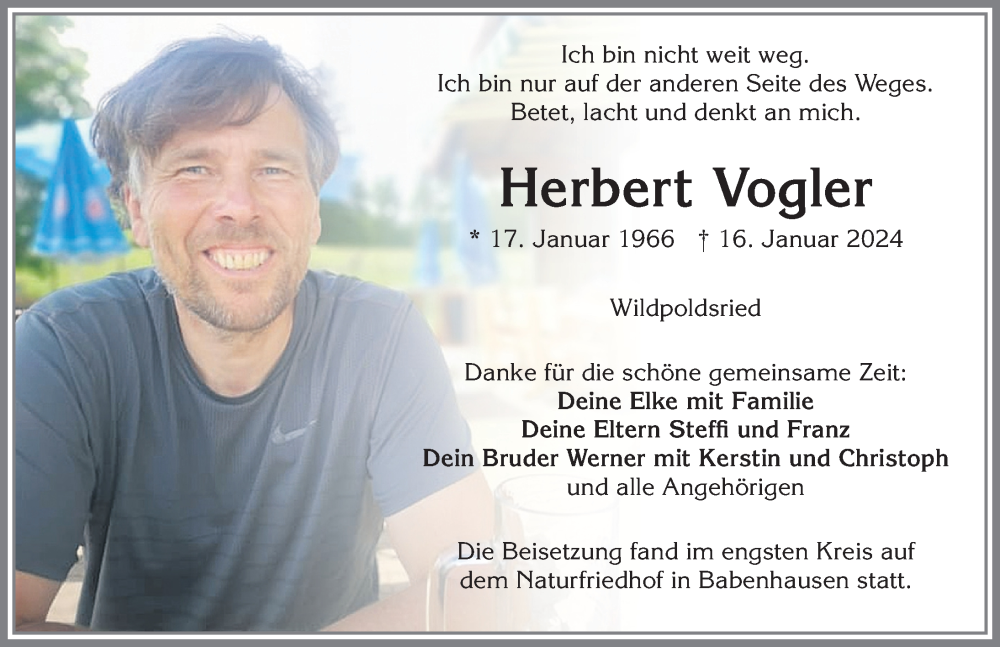  Traueranzeige für Herbert Vogler vom 03.02.2024 aus Illertisser Zeitung, Augsburger Allgemeine