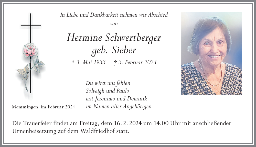 Traueranzeige von Hermine Schwertberger von Memminger Zeitung