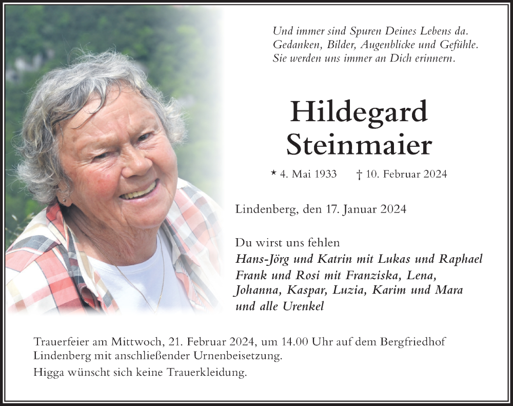 Traueranzeige von Hildegard Steinmaier von Der Westallgäuer