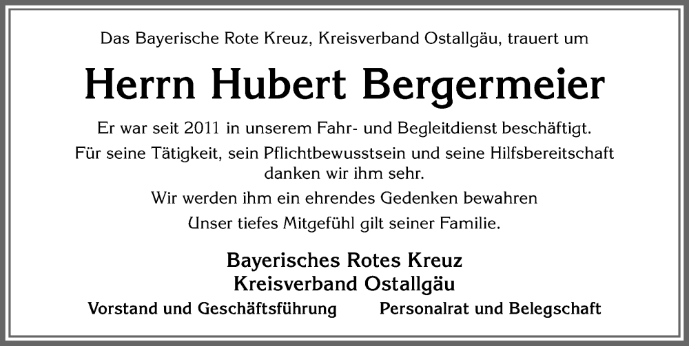 Traueranzeige von Hubert Bergermeier von Allgäuer Zeitung, Kaufbeuren/Buchloe