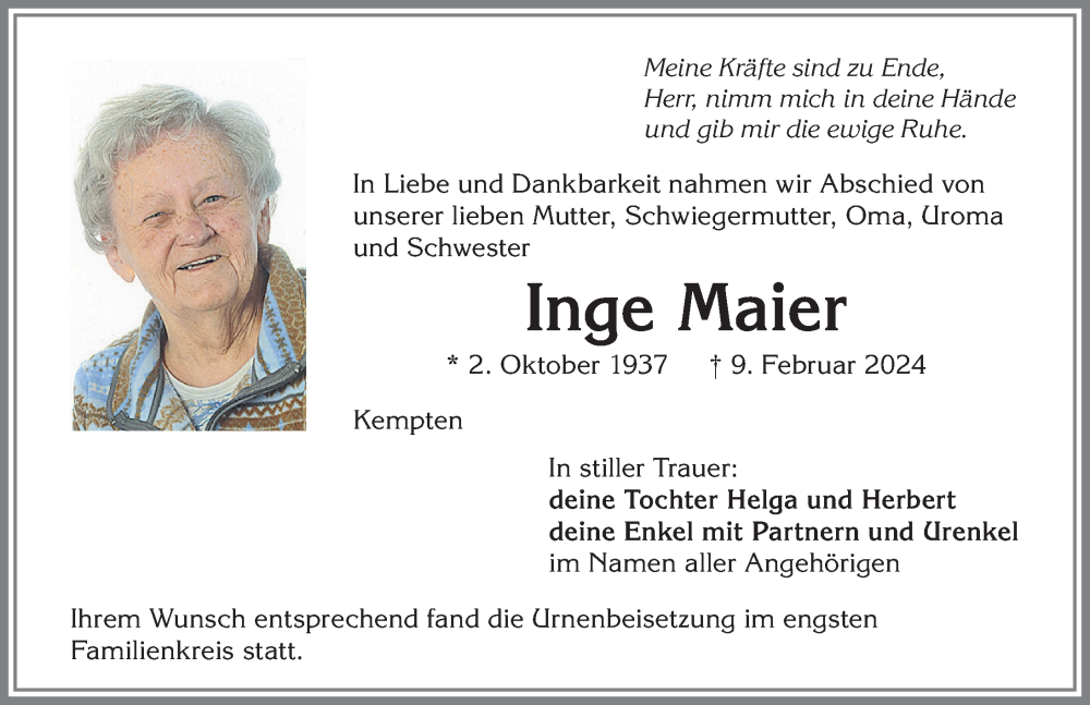 Traueranzeige von Inge Maier von Allgäuer Zeitung,Kempten