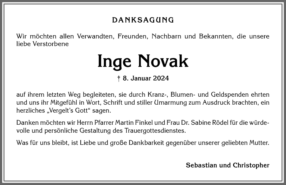 Traueranzeige von Inge Novak von Allgäuer Anzeigeblatt