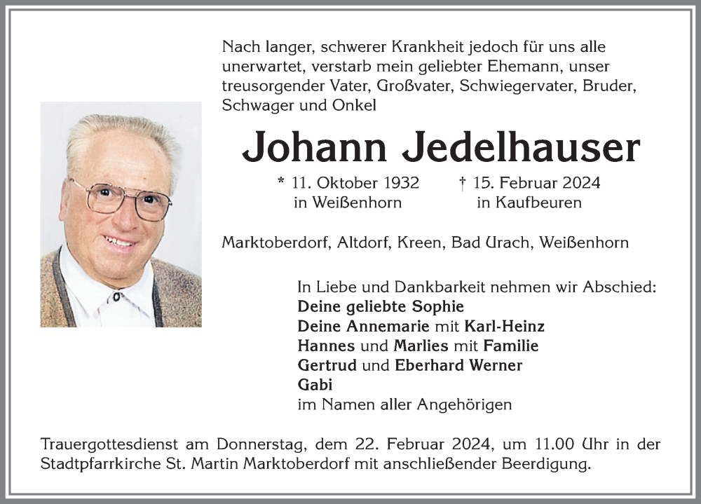 Traueranzeige von Johann Jedelhauser von Allgäuer Zeitung, Marktoberdorf
