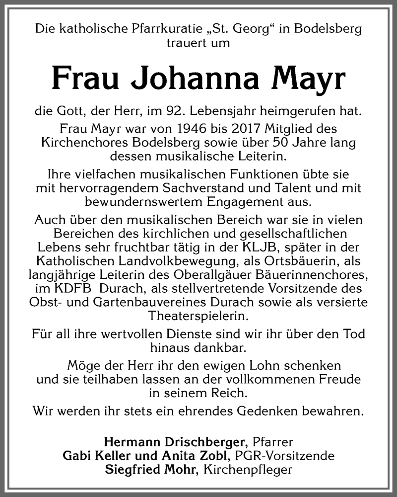 Traueranzeige von Johanna Mayr von Allgäuer Zeitung,Kempten