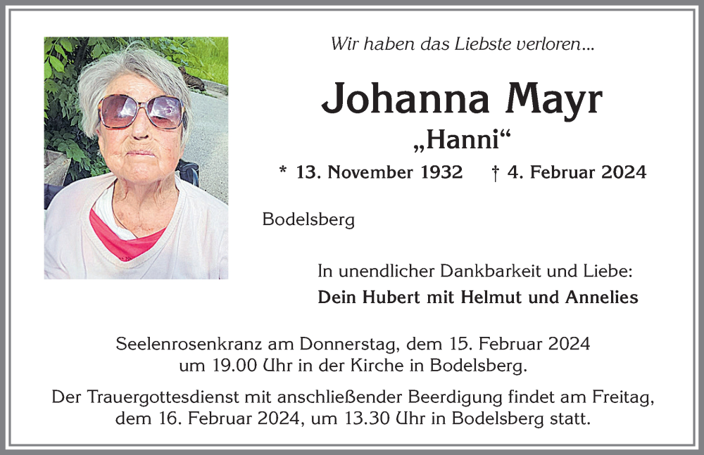 Traueranzeige von Johanna Mayr von Allgäuer Zeitung,Kempten