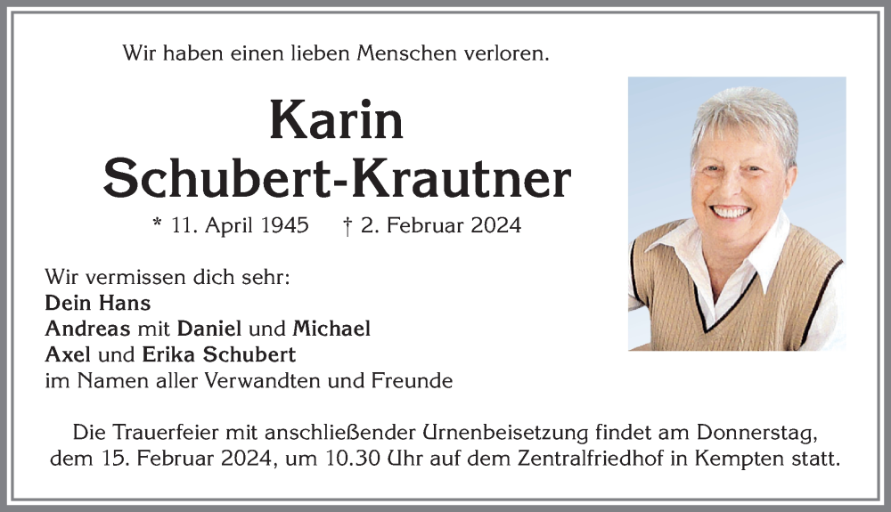 Traueranzeige von Karin Schubert-Krautner von Allgäuer Zeitung,Kempten