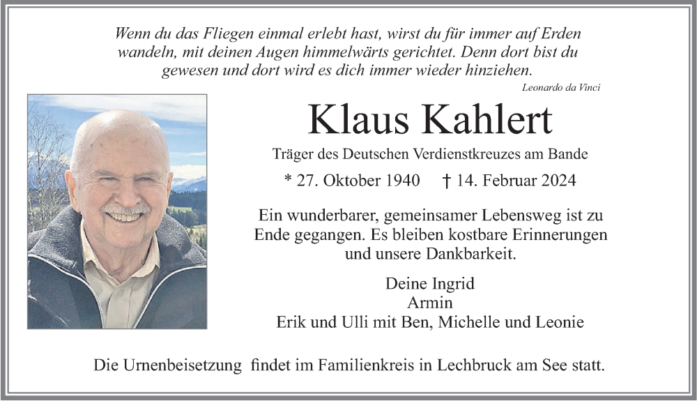 Traueranzeige von Klaus Kahlert von Allgäuer Zeitung, Füssen