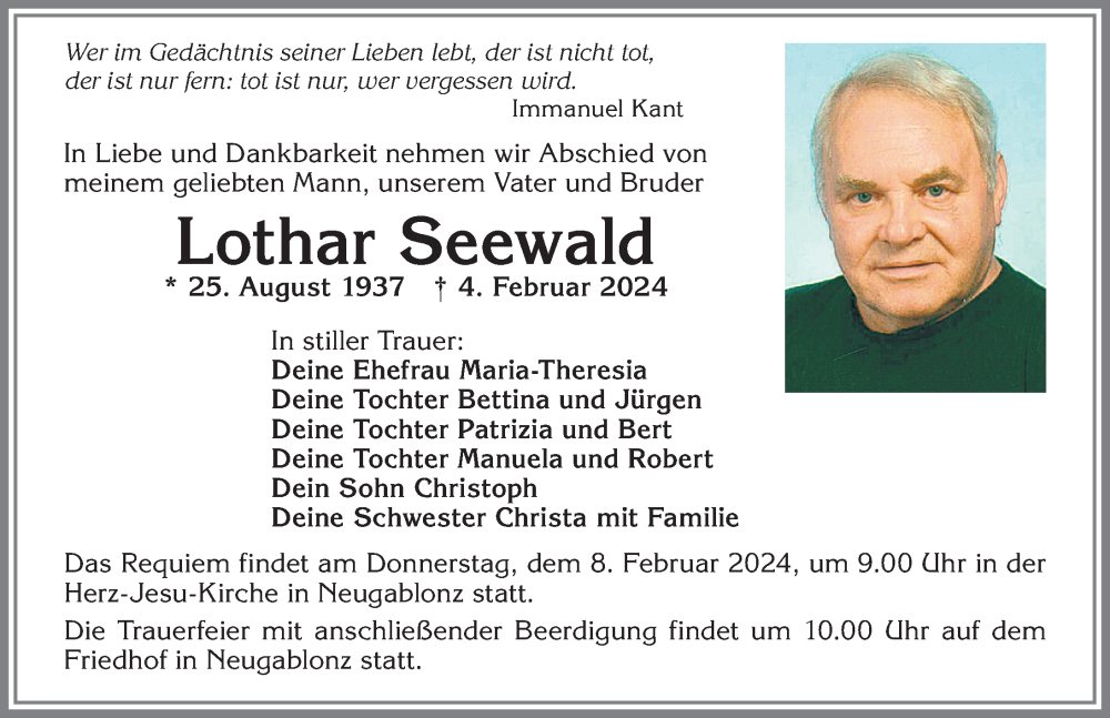 Traueranzeige von Lothar Seewald von Allgäuer Zeitung, Kaufbeuren/Buchloe