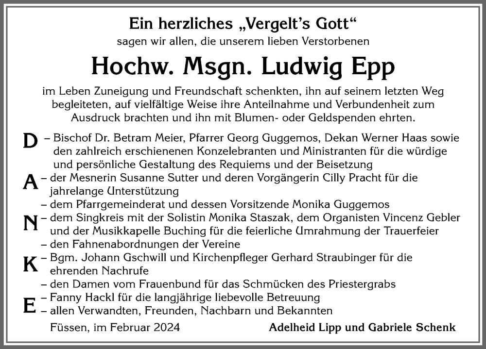 Traueranzeige von Ludwig Epp von Allgäuer Zeitung, Füssen