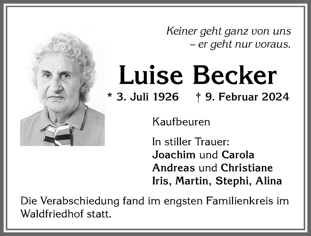 Traueranzeige von Luise Becker von Allgäuer Zeitung, Kaufbeuren/Buchloe