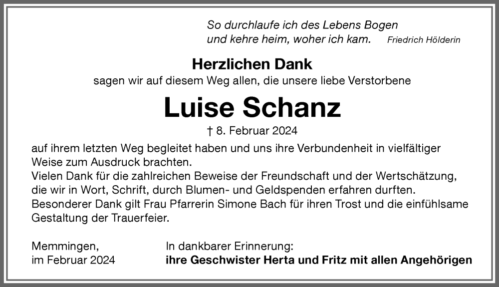 Traueranzeige von Luise Schanz von Memminger Zeitung