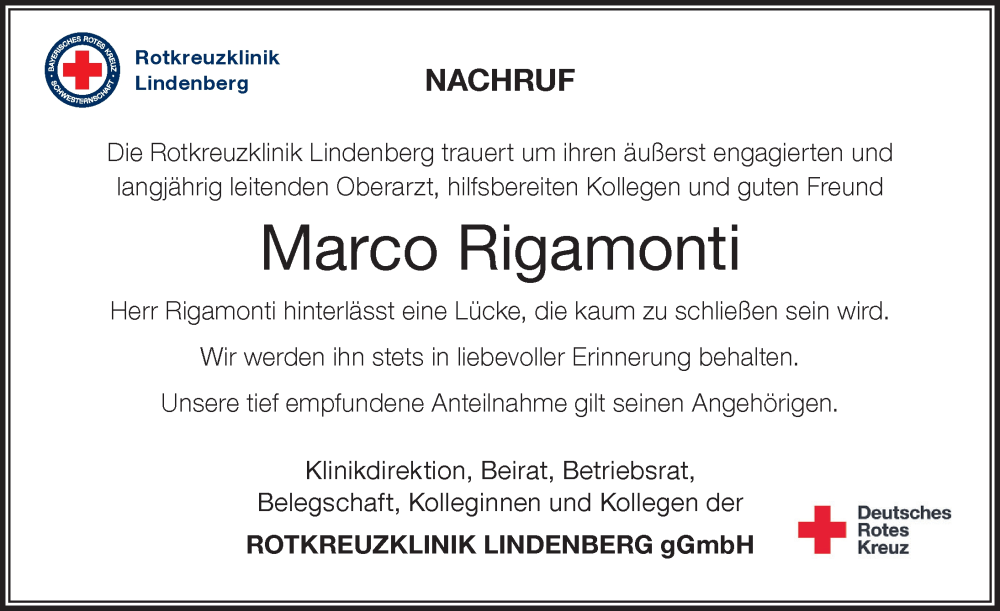 Traueranzeige von Marco Rigamonti von Der Westallgäuer