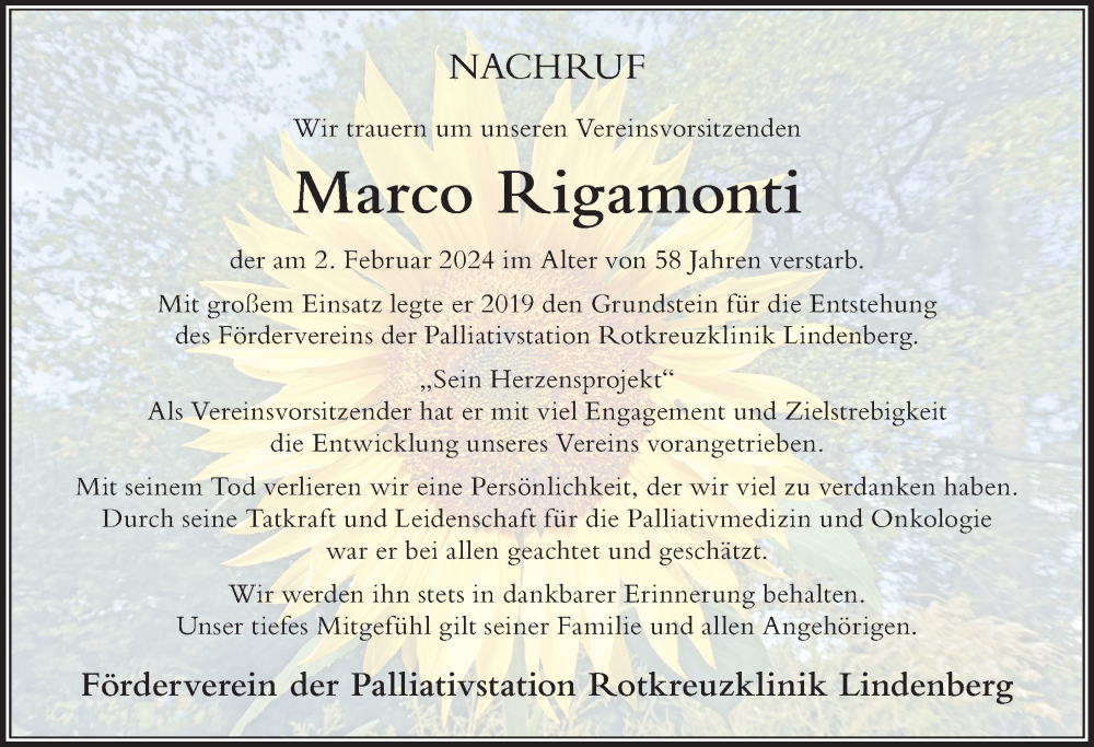 Traueranzeige von Marco Rigamonti von Der Westallgäuer